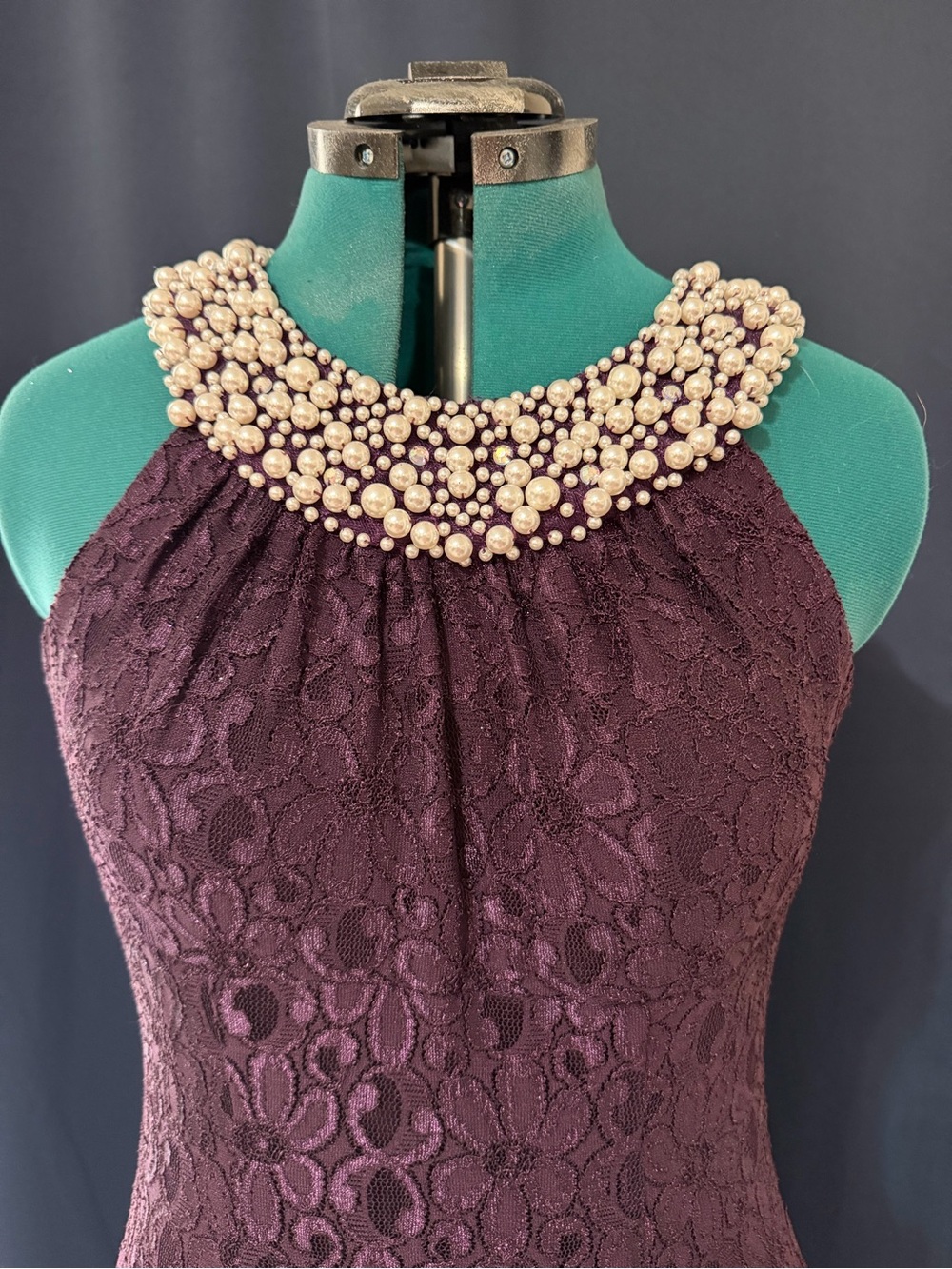 R&M Richards Plum Lace Halter Dress with Pearl-Embellished Collar